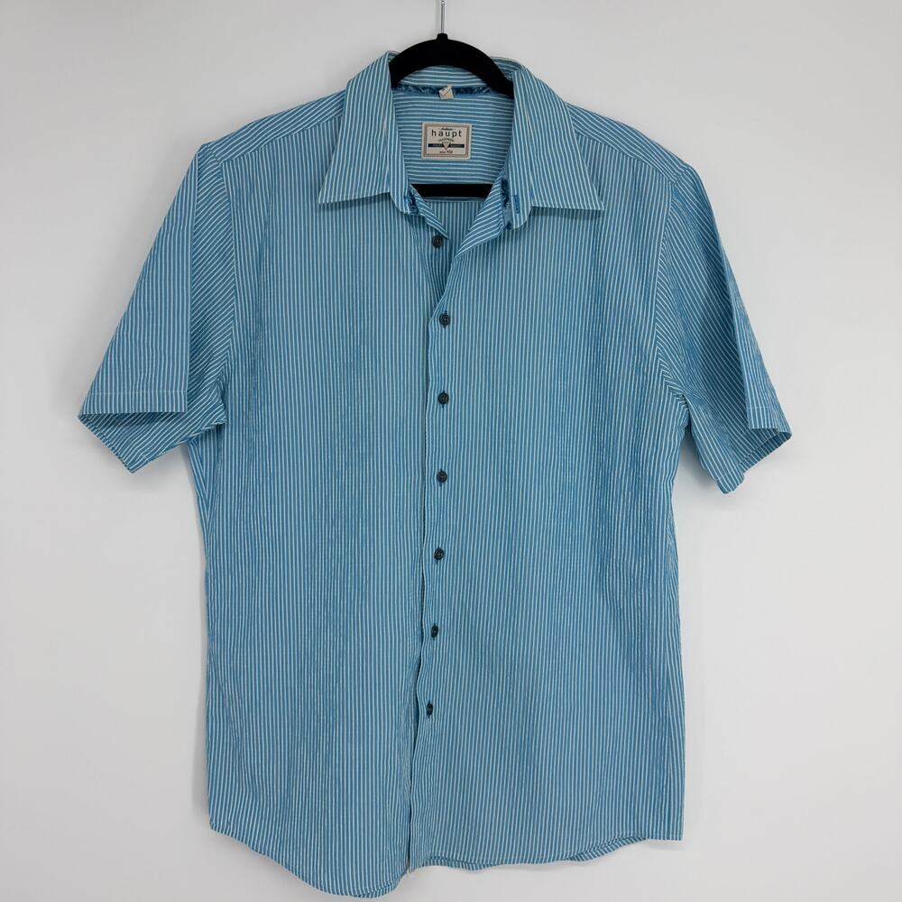 Haupt Blue White Vertical Striped Short Sleeve Button Down Mens Shirt Large